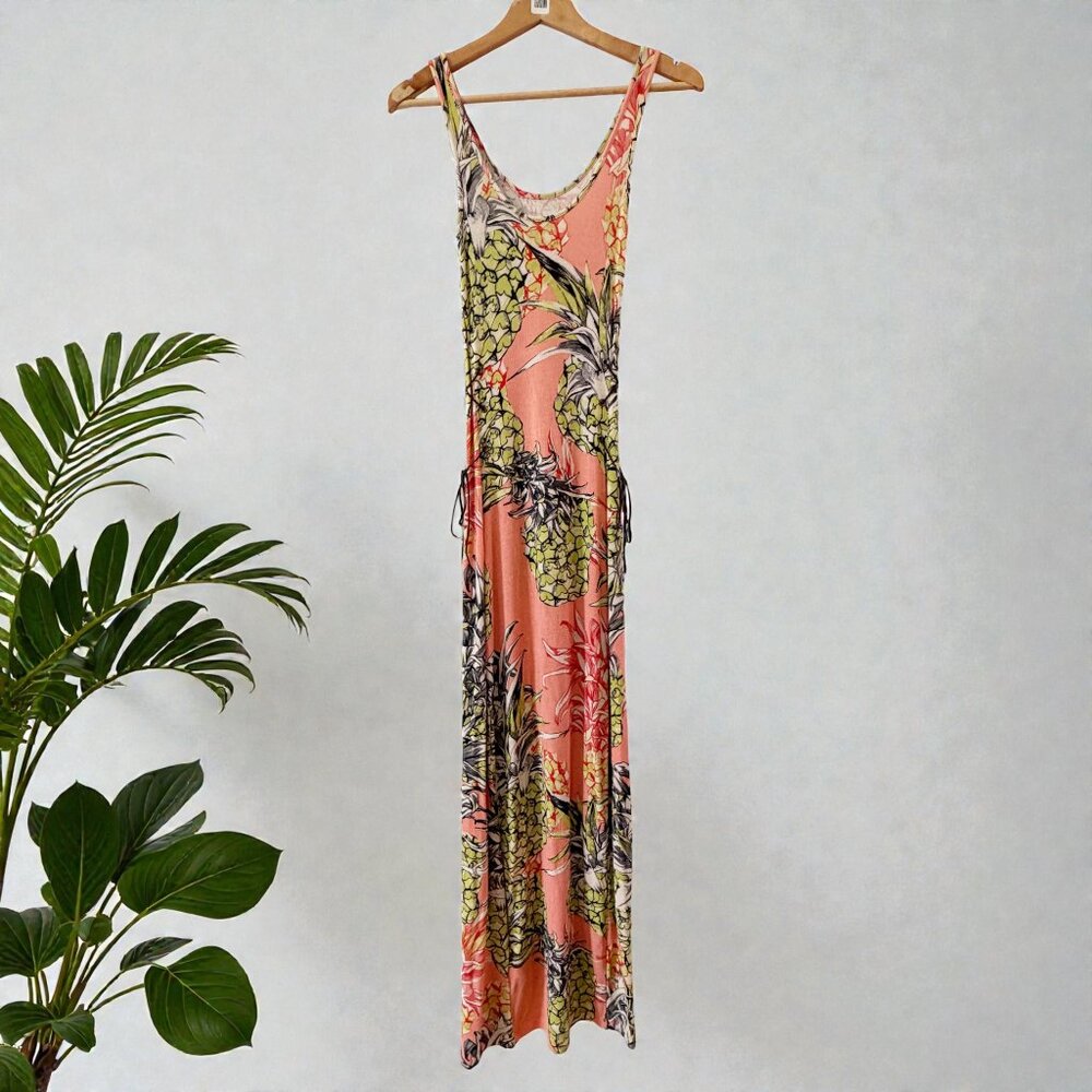 Guess | Ribbed Maxi Dress in Pineapple Print With Leather Side Laces | XS - Picture 3 of 8